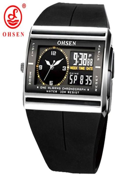 OHSEN Brand LCD Digital Dual Core Watch Waterproof Outdoor Sport Orologi di allarme Chronograph Backlight Black Rubber Men Owatch L5219145