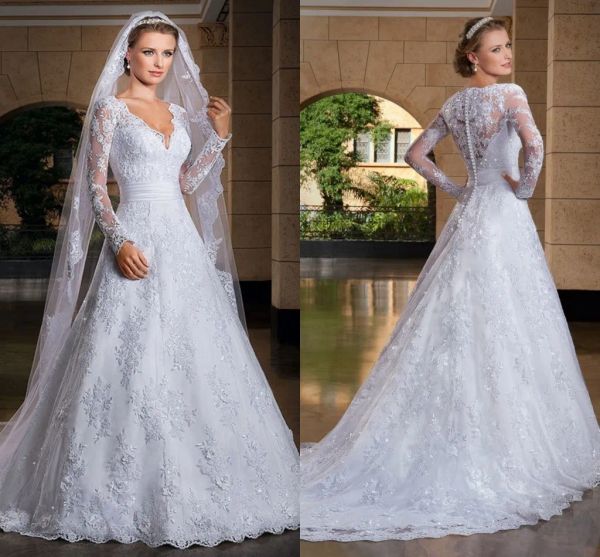 Abiti 2020 Nuova primavera Pure White White Aline Wedding Weedding Scollo a battente Vedi attraverso maniche lunghe posteriori abiti da sposa Vestido de noi