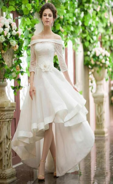 Vestidos de noiva com baixo teor vintage fora do ombro 3 4 mangas Cinturão de flores Organza curta traseira longa traseira longa traseira