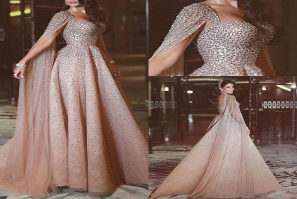 2021 Vestidos Arabische Abendkleider tragen sexy Kristallperlen Schatz Spitze Rosa Rosa Rückenfrei mit Cape Plus Size Formal Party 5464996