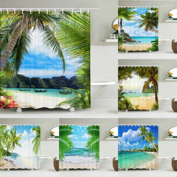 Duschvorhänge Sunny Beach Palm Tree Seaside Landschaft Stoff Vorhang Wasserdichtes Polyesterbad für Badezimmer Dekorieren mit Haken