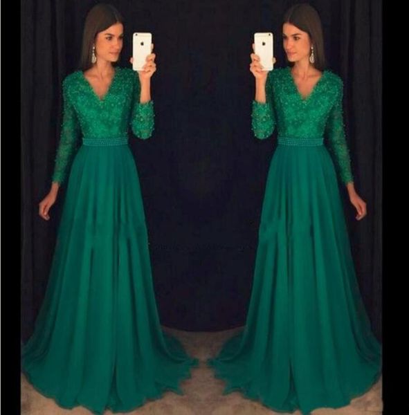 Vintage Emerald Green Chiffon Abendkleider mit langem Ärmel Sexy V Hals Abschlussball Kleid Perlen Abend tragen formelle Partykleid Vestid1560034