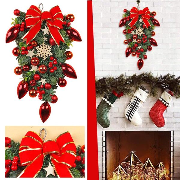 Flores decorativas Decorações de Natal Halloween Witch Whreath Deal Ramificações Red Berries Pinecones Bem -vindo a Winter Door Sign Flores