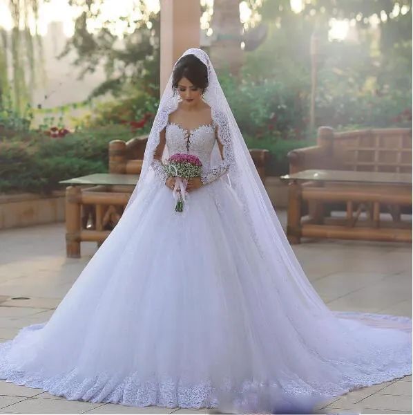 Abiti Abiti da sposa a maniche lunghe vintage con innamorati dellusione in tulle abiti da sposa africano Dubai Bridal d