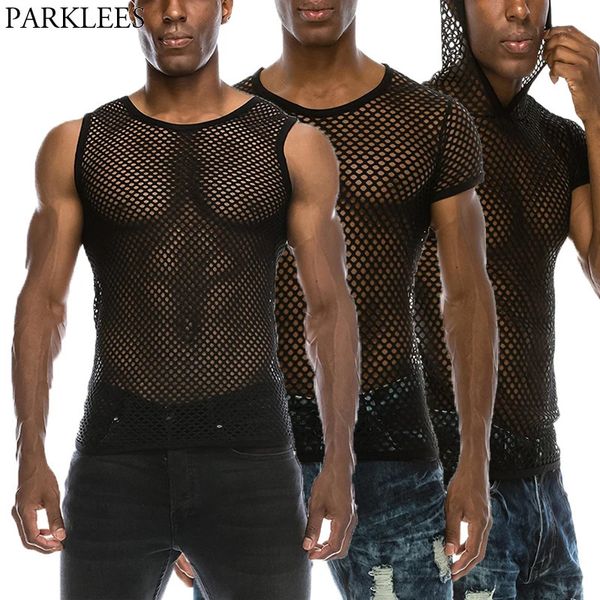 Herren sehen durch schwarze Mesh -Fischnetz -Tanks Top sexy Perspektive