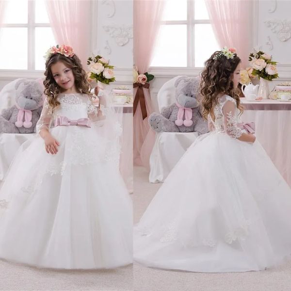 Kleider Prinzessin Illusion Lange Ärmeln Braut Blumen Mädchen Kleider Spitzen applizierte Bow Ballkleid billige Mädchen Festzugskleider