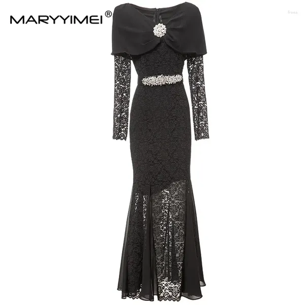 Abiti casual Maryyimei Fashion Women 2024 primavera a v-scollo a maniche lunghe a maniche lunghe di lusso patchwork Lace-up mantello ad ancavo