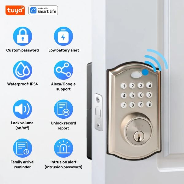 Bloquear Tuya Smart Door Lock, Lock de porta de entrada sem chave 5in1, Wi -Fi Deadbolt, Sem Ponte Necessária, Instalação Fácil, Controle Remoto de App