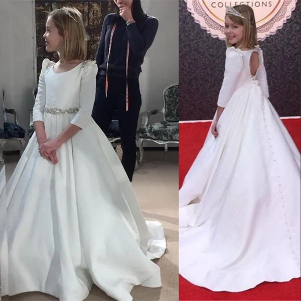 Vestidos 2021 simples princesa branca floresta vestido jóia pescoço de três quartos de cetim de cetim de cristal para crianças vestidos de flor