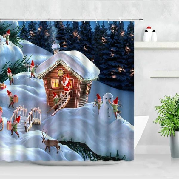 Duschvorhänge 3d Weihnachten Thema Set Cartoon Santa Claus Geschenkwald Elch Schnee Landschaft Party Dekor wasserdichte Badezimmerbildschirme