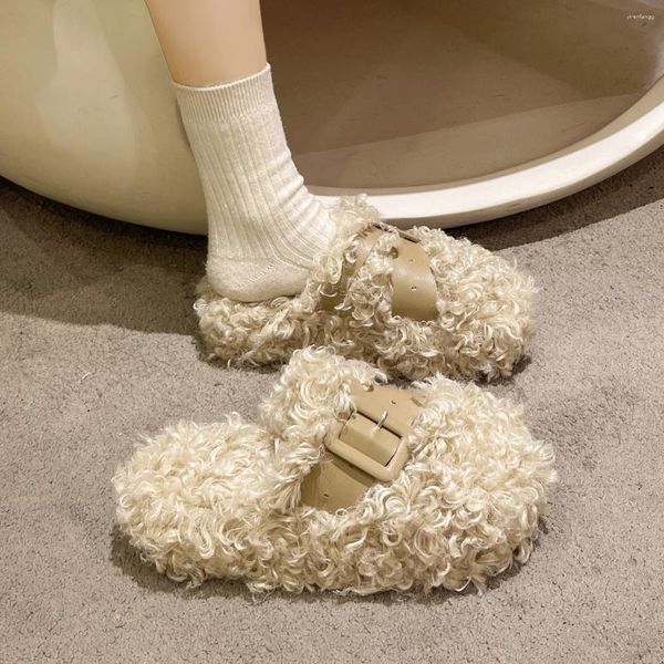 Slippers Wool Roll Women Winter Shoes para fivela de cinto ao ar livre Casa de algodão quente moderno