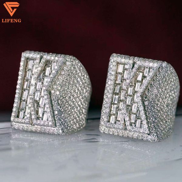 Jóias a granel atacado personalizado 925 Sterling Silver VVS Baguete Moissanite Diamond Iced Out Letter K Hiphop Band Ring for Men