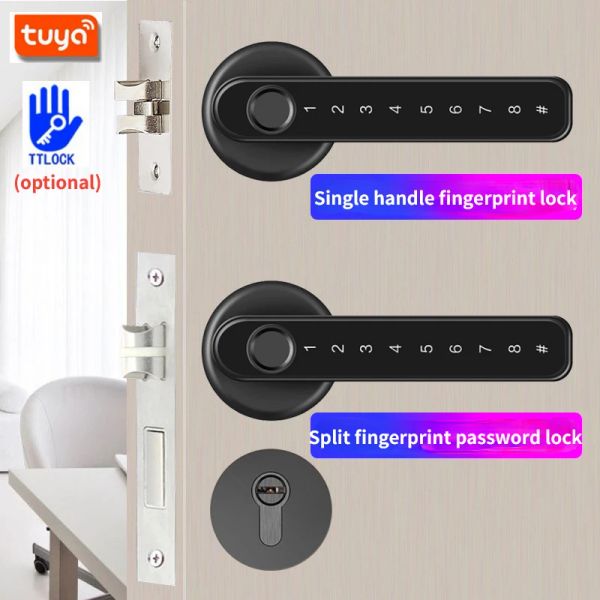 Bloquear o aplicativo de senha biométrica de impressão digital da porta inteligente Tuya desbloquear a trava digital elétrica Ttlock Ttlock Security Door Handle Locks for Home