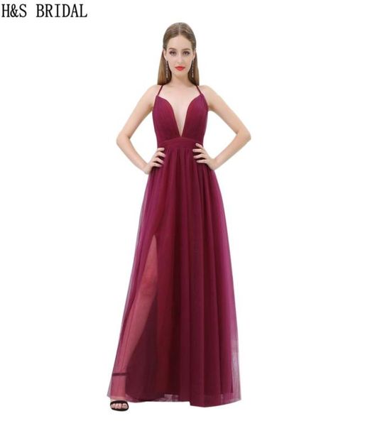 Tulle rosso scuro Abiti da sera economici v Neck Cingcio sottili Caspi sexy Burgundy Promerba B0157135479