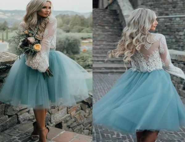 Vestidos bonitos de duas peças Vestidos de renda ilusão de manga longa Aline comprimento 2018 Cocktail de coquetel de baile curto CL8207639