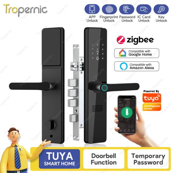 Bloquear a porta inteligente da porta da casa Tuya ZigBee App RFID Passcode Bloqueio Eletrônico Digital Push Automático e trava de travas de porta Sistema da campainha