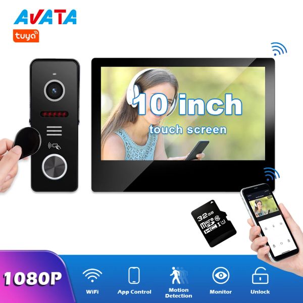 Campainhas de campainha de 10 polegadas WiFi Video Intercom Home Touch Screen 1080p Tuya Smart Life Video Phone System Doorbell com RFID Desbloqueio à prova d'água