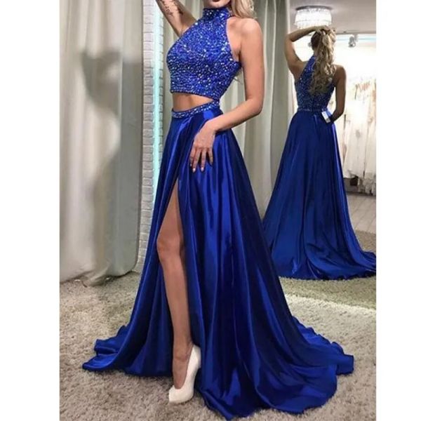 Vestidos cetim halter royal azul piso comprimento de dois peças vestido de noite vestido noturno vestido de noite abiye uzun tarz elbiseler