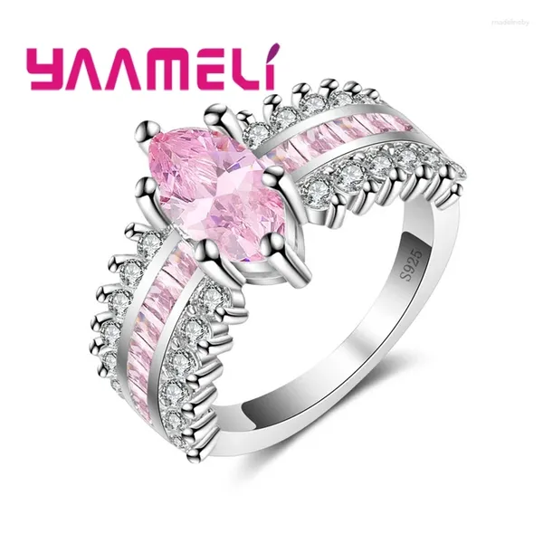 Cluster -Ringe Ankunft Süße rosa kubische Zirkonia Crystal 925 Sterling Silber Wide Brand Ring Women Girls Party Engagement