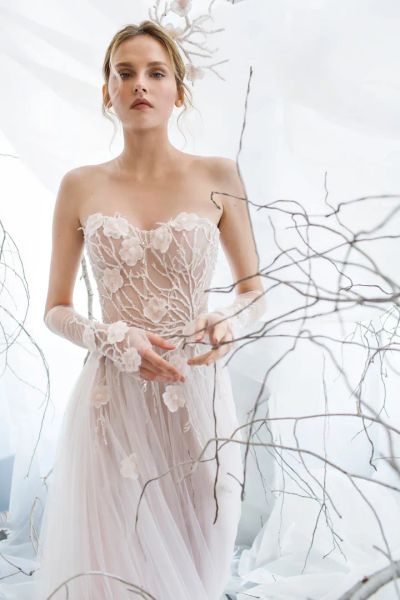 Vestidos mira zwillinger primavera árabe vestidos de noiva de miçangas tule tule tule 3d Vestido de noiva Floral Illusion