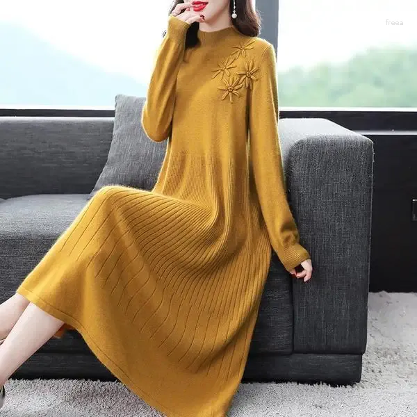 Lässige Kleider Pullover Kleiderinnen Frauen Frauen Langarm gestrickt Damen Elegantes Büro warmes Midi Länge Druck Es Vestidos G742