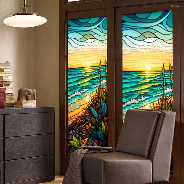 Adesivos de janela PVC Stilay Glass Film não adesivo Removível colorido à beira-mar adesivo para decorações de casa