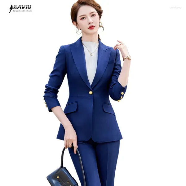 Calças de duas peças femininas Naviu Blue Mulheres Suits Define Moda Moda Manga Longa Slim Botão de Blazers Casual Cantura Alta Flare