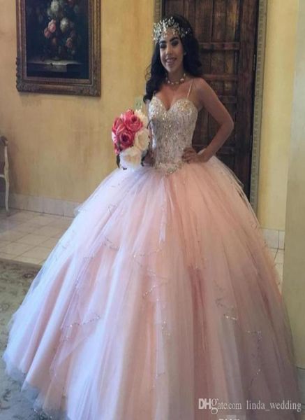 2019 chic rosa palla rosa abito quinceanera abito spaghetti cinghie tulle dolci 16 età abito da spettacolo per ragazze lunghi