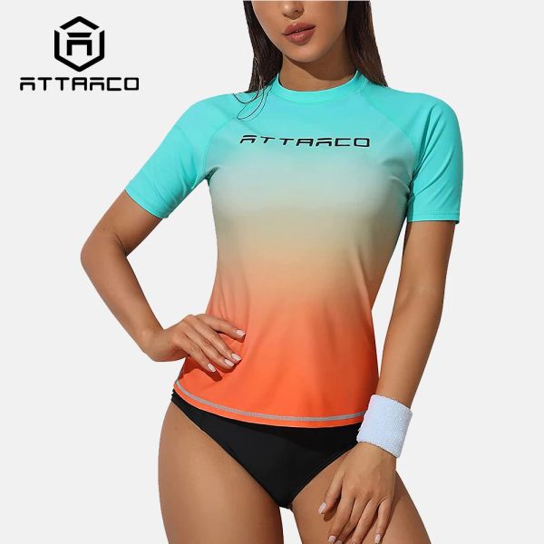 Anzüge Attraco Women Rash Guard UPF 50+ Surfing Top Badebode Kurzärmel -Ablaufstufe High Crew Neck -Hemd