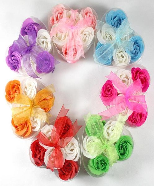 Neue schöne herzförmige Bicolor Rose Seife Blume 6pcs Box Bad Seifenblume für romantische Hochzeit bevorzugt Valentinstag Geschenke 7647014