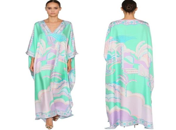 Women039s Luxus 2020 Vneck Jersey Seiden Maxi Kleid Frauen039S 34 Hülse Charming Geometric Green Print Spandex Stretchable 8276959