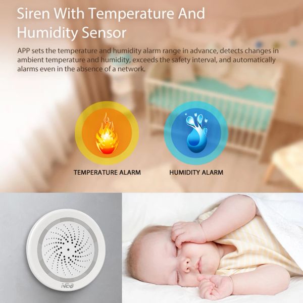 Sistemas WIFI WIFI Siren Sensor de alarme Som para Echo Google Home Wi -Fi Sensor de umidade de umidade de temperatura Sirene Alarme Tuya Smart App