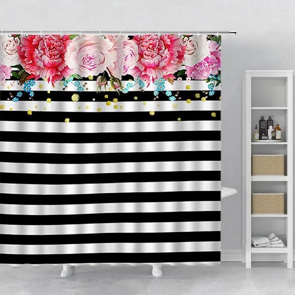 Tende per doccia 3d tende a strisce peoniche bagno in tessuto floreale bianco e nero con ganci fiori rosa decorazione per bagno