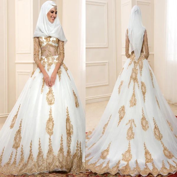 Abiti abiti da sposa musulmani in pizzo dorato con maniche lunghe See attraverso abito da sposa hijab da ballo Hijab personalizzato per abiti da sposa su misura