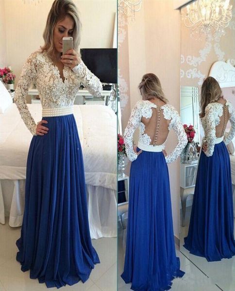 MODESTICI Abiti da sera bianchi e reali per feste a maniche lunghe Appliques in pizzo V perle perle Acconde una lunghezza del pavimento di linea Chiffon Formale Prom8610567