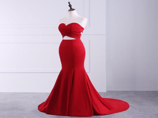 Sexy Red Satin echte Probe Mermaid Prom Kleider trägerloser Knöpfe bodenlange Abend Party Kleider Event tragen Kleid1291398