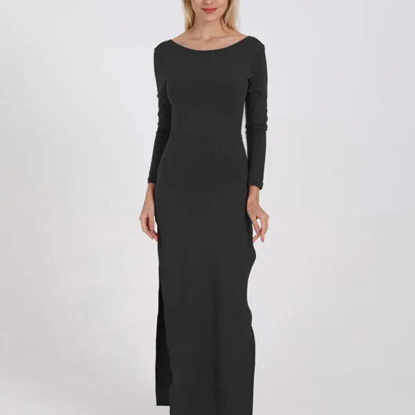 Lässige Kleider Frauen Cocktailkleid Herbst Winter Einfacher Farbe Langarm Rundem Hals Rückenless Frauen Formal für Hochzeits Gast