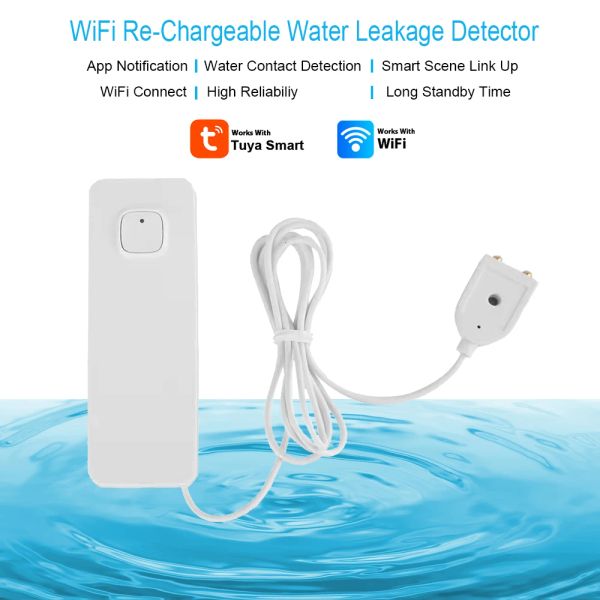 Detector Tuya Wi -Fi Sensor de vazamento de água recarregável Inundações remotas Detectar Monitor Smarthome Alarme Protection contra vazamentos de água