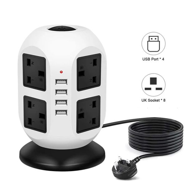 Konverter Tower Power Strip Vertikale UK -Stecker -Adapter -Outlets 8 Wege Wechselstrom -Multi -Elektroschäler mit USB -Schleifenschützer 3M -Verlängerungskabel