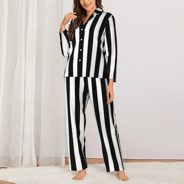 Home Clothing Pyjama weibliche Vintage Striped Print Room Nachtwäsche Schwarze weiße vertikale Streifen 2 Stück Pyjama Sets übergroßer Anzug