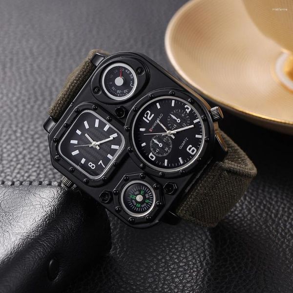 Avanadores de punho Dual Time Display Watches Men Quartz Square Sport Militar Wrist Watch Canvas Impermeável Relógio Presentes Reloj Hombre