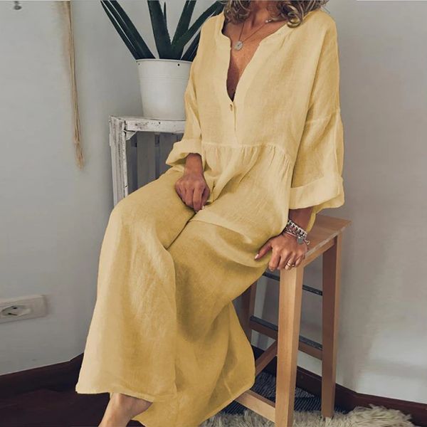 Women Cotton Leinen Maxi Kleid Ladies Casual Long Kaftan Loose Sundress Plus Size Ourdoor Innenmodeikleidung für 240326