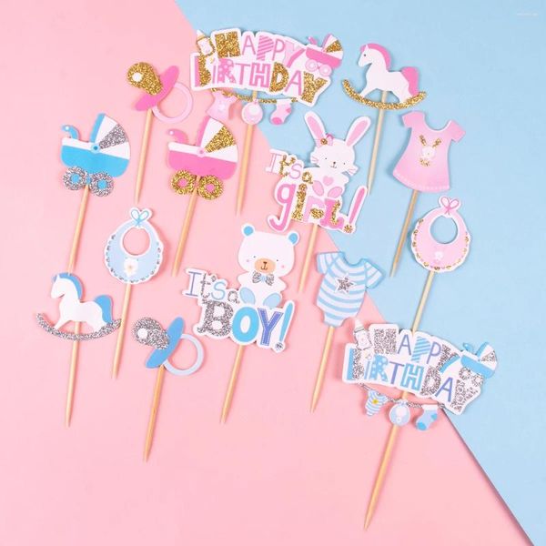 Partyzubehör 7pcs Geschlecht enthüllen Kuchen -Topper Blau Pink Es ist ein Jungen oder ein Mädchen Cupcake Flags Babypted -Geburtstagsdekoration