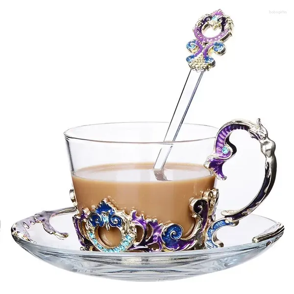 Tassen Untertassen Europäische Tee Glas Emaille Luxus Vintage Kaffeetasse mit Löffel Kristallweingläser Metal Gravur Getränke Kreatives Geschenk