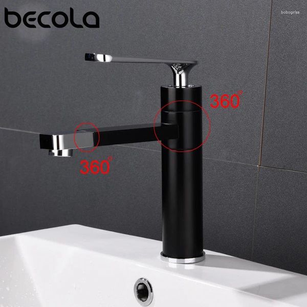 Rubinetti del lavandino del bagno Becola a 360 gradi rubinetto a base di bacino nero manico singolo a manico singolo e mixer d'acqua in ottone per il bagno