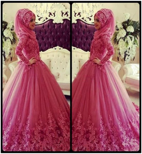 2018 abiti da sposa musulmani a maniche lunghe in pizzo alto applique islamico hijab abito da sposa con abiti da sposa Dubai da sposa 8011490