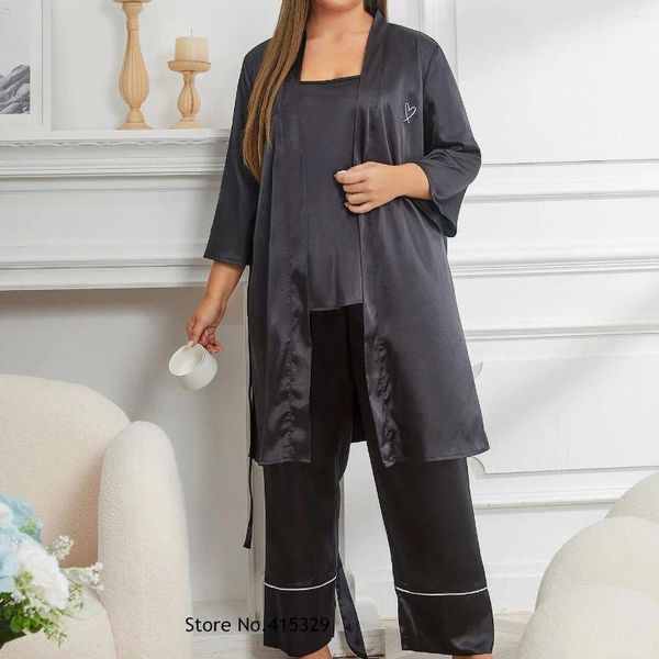 Abbigliamento da casa di grandi dimensioni 3xl da notte 4xl Donne abiti da sonno in raso Balck Abiti a tre pezzi set di pigiami sexy cmaipantbathrobe loungewear