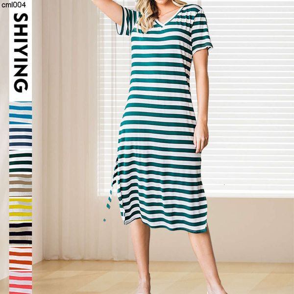 Shiying Split Long Dress Womens Summer New Stripe Kurzarm Slim {Kategorie}