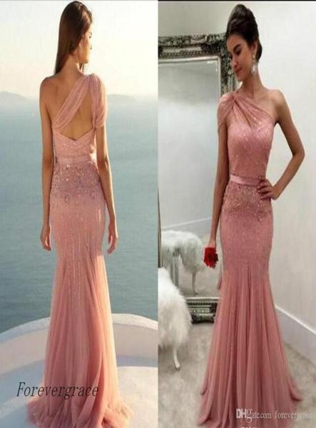 2019 mais recente chique em um ombro blush rosa vestido de baile sem mangas longas férias formais desgaste o vestido de festa da noite de formatura personalizada Made8153806