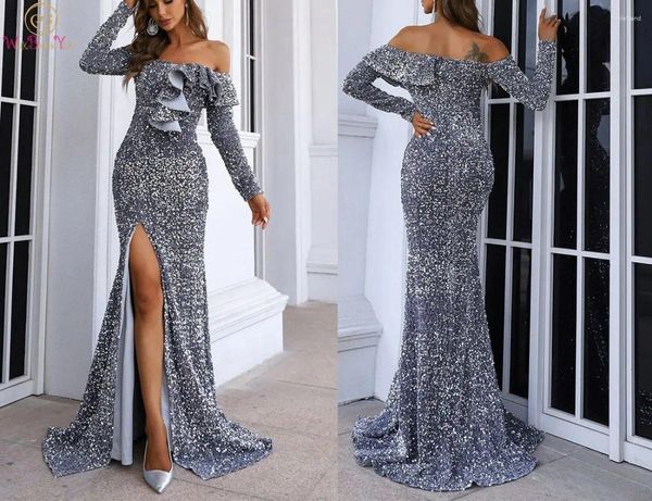 Partykleider silberne lange Abendkleid 2024 Meerjungfrau Slim Frontschlitz Paillierte funkelnde Schulter -Promkleid formelle Frauen elegant